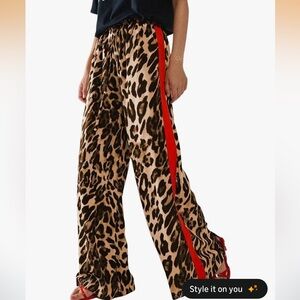 Leopard Print Wide Leg Pants with Red Stripe